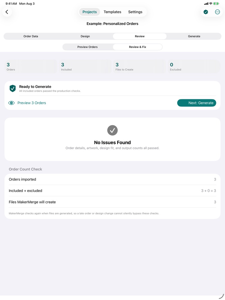 MakerMerge Review screen on iPad showing three synthetic orders ready to generate