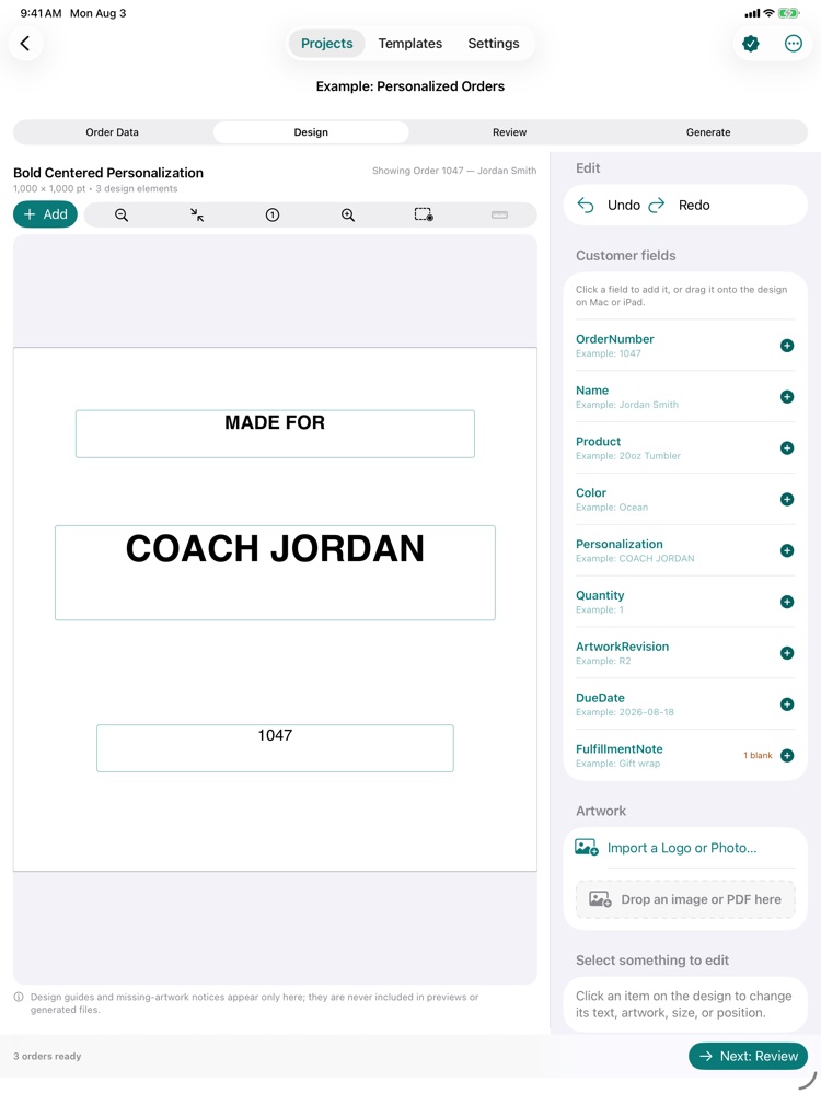 MakerMerge touch Design screen on iPad showing the reusable personalization layout and customer fields