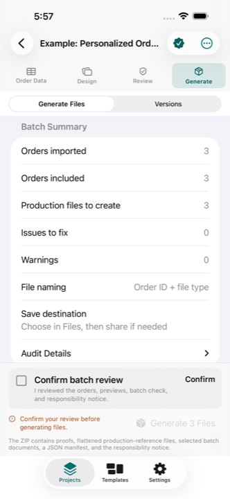 MakerMerge Generate screen on iPhone with batch package and sharing controls