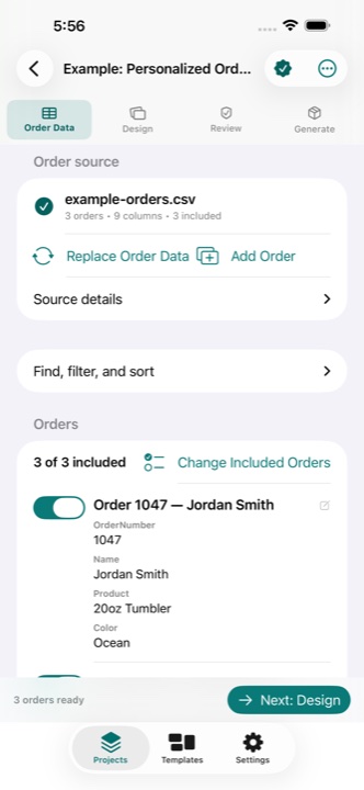 MakerMerge staged Order Data workflow on iPhone with imported synthetic orders