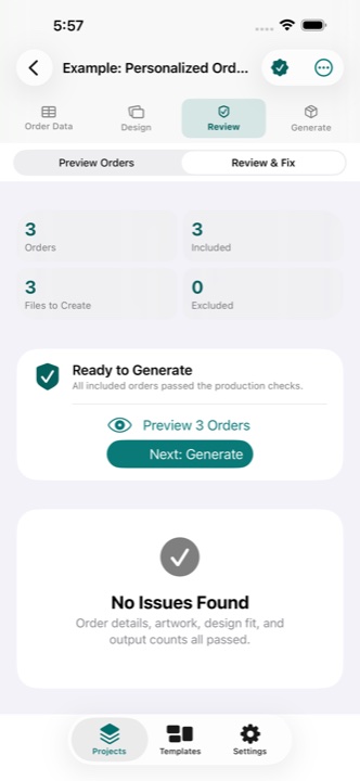 MakerMerge issue review screen on iPhone showing order and output counts