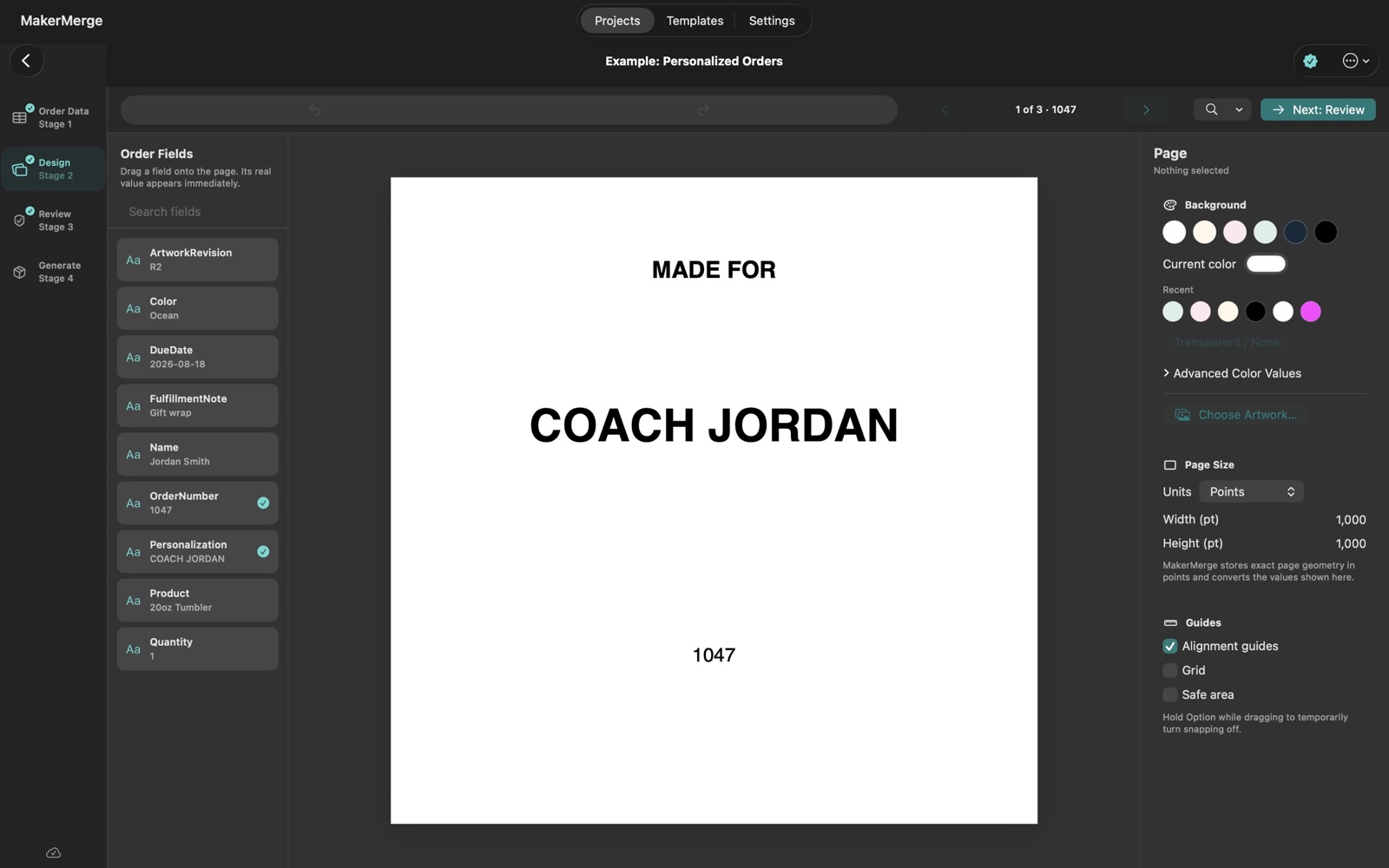 MakerMerge Design screen on Mac with a reusable design and mapped personalization fields