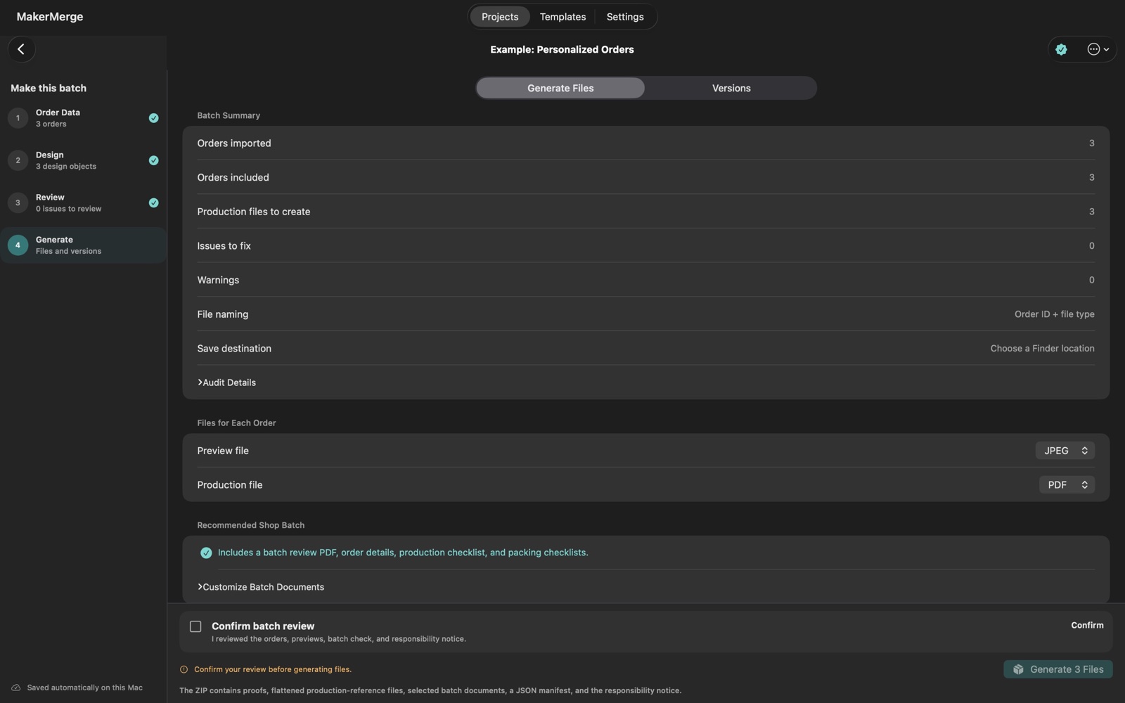 MakerMerge Generate screen on Mac showing batch summary and output package controls