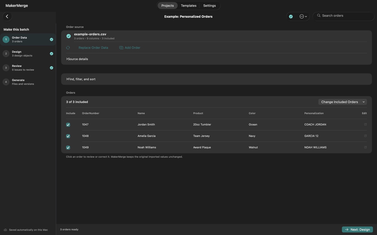 MakerMerge Order Data screen on Mac showing three included synthetic orders and their imported fields