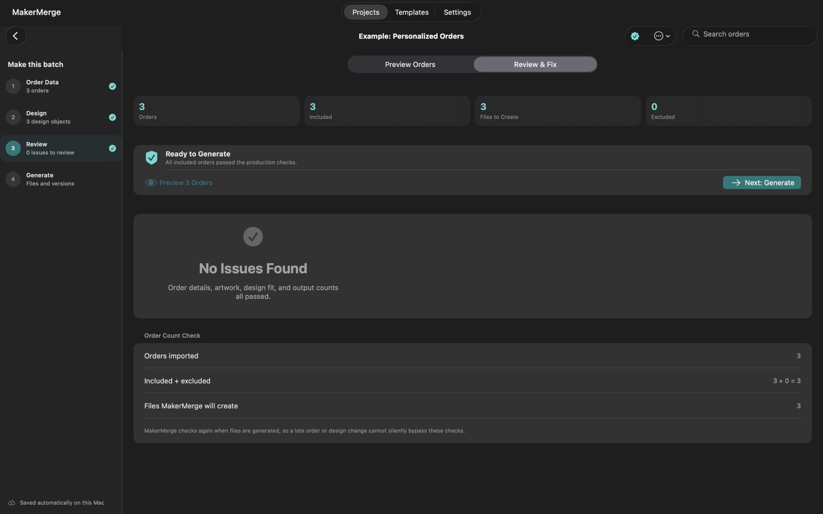 MakerMerge Review screen on Mac showing three included orders ready to generate